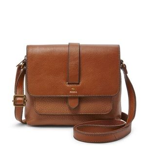 Fossil Kinley Small Fold Over Leather Crossbody Bag, Brown Leather